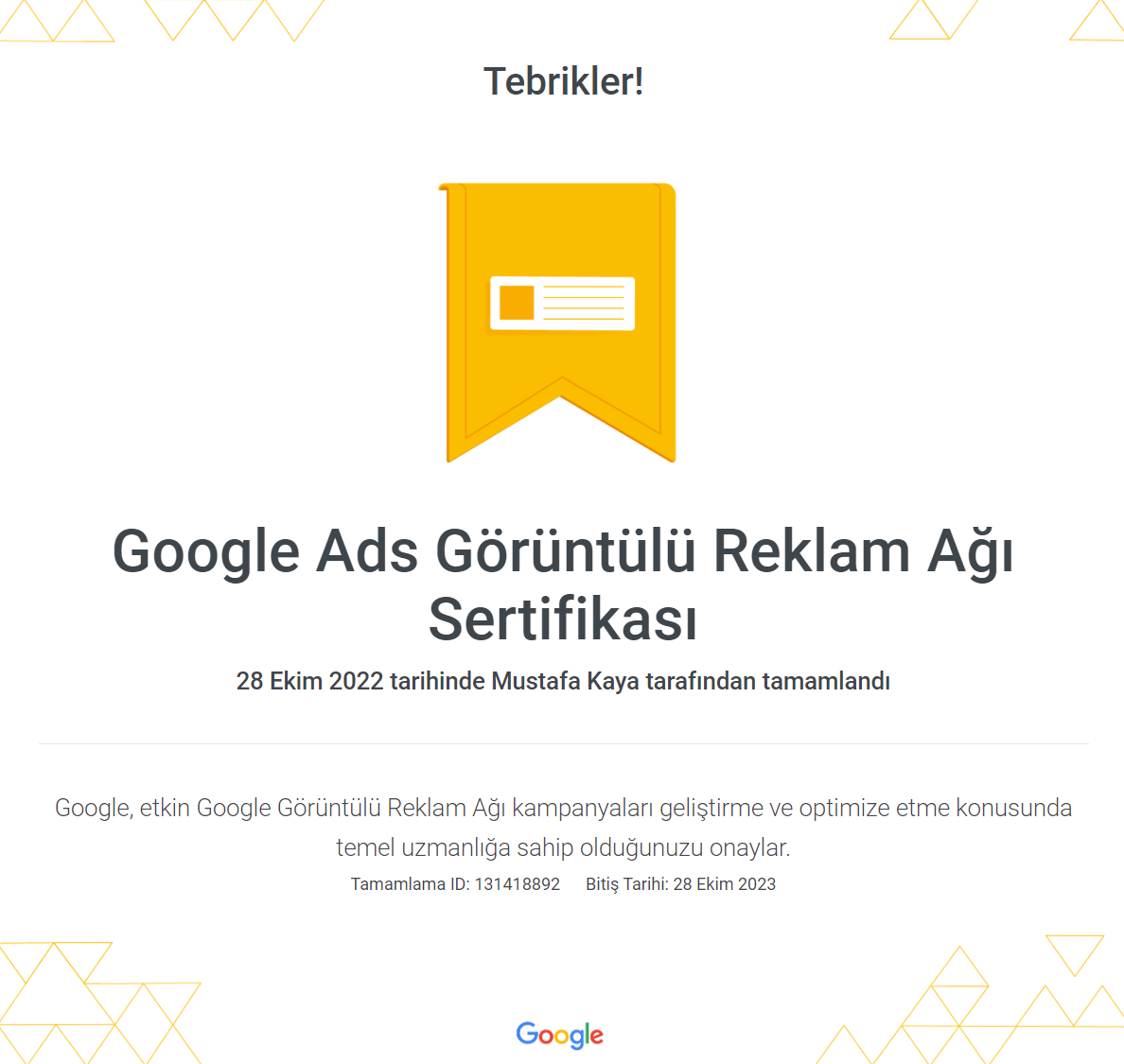 Google Ads Görüntülü Reklam Ağı Sertifikası