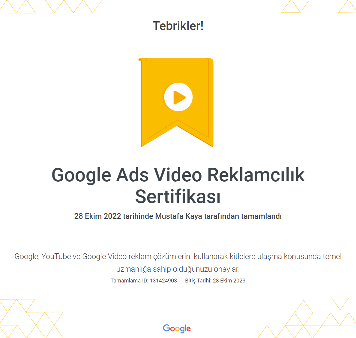 Google Ads Video Reklamcılık Sertifikası