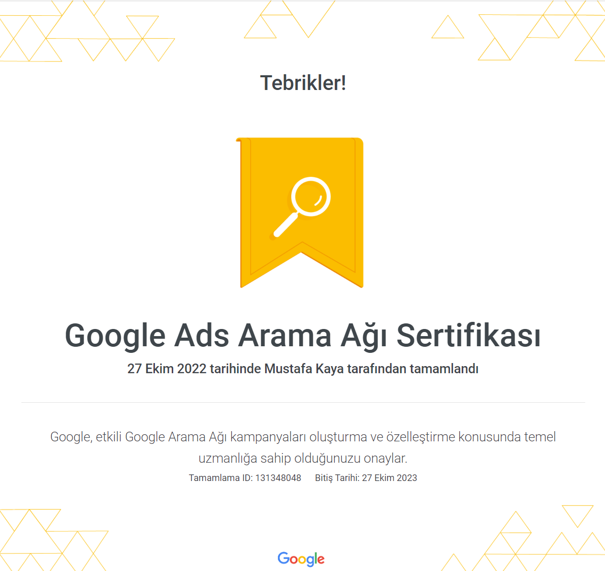Google Ads Arama Ağı Sertifikası