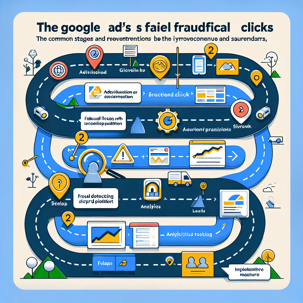 An illustrated guide on Google Ads' fraudulent clicks, demonstrating the common techniques and their safeguards. The image should represent various phases of fraud detection and prevention, including the initial stages of advertisement placement, the sudden increase in clicks, analytics tracking the irregular pattern, and implementation of protective measures. Visualizing this as a step-by-step journey on a winding road or a flowchart could work well, with each phase represented by distinct, easily identifiable symbols.