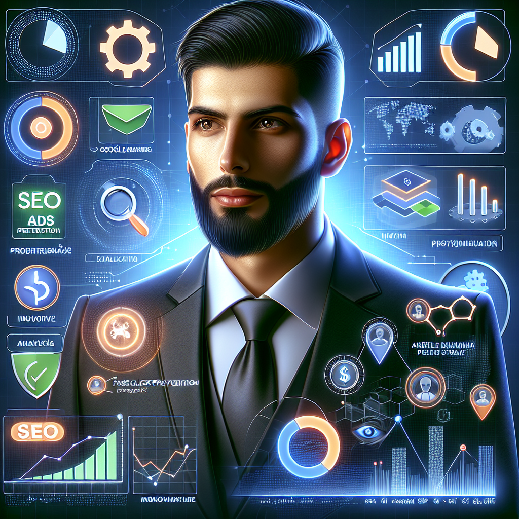 Create an image that is professional, realistic, and SEO-friendly that reflects subjects such as Google Ads, fake click prevention, and SEO strategies. It should incorporate modern themes of digital marketing and technology without any text overlays or watermarks. The style should be clean, business-oriented, and have engaging visuals. Symbolically represent the expertise of a male digital marketing specialist who focuses on analytics, protection, and innovation, without directly referencing any true individual. His features should be Middle-Eastern to set the Turkish context.