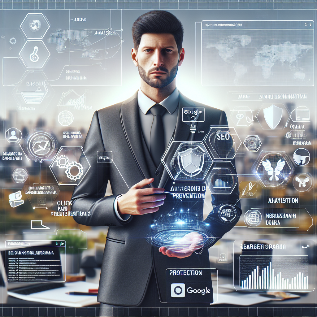 Create an image that is professional, realistic, and optimized for search engines. Visualize a Turkish context showing the subject of Google Ads, click fraud prevention, and SEO strategies. The scene should include themes of modern digital marketing and technology but avoid any text overlays or watermarks. The style should be clean, business-oriented, and with engaging visuals. Symbolically highlight the expertise of a male digital marketing professional, whose skills include analytics, protection, and innovation. He is not a real person but is symbolically known as 'Mr. Digital'. Do not represent him as a specific identified person.