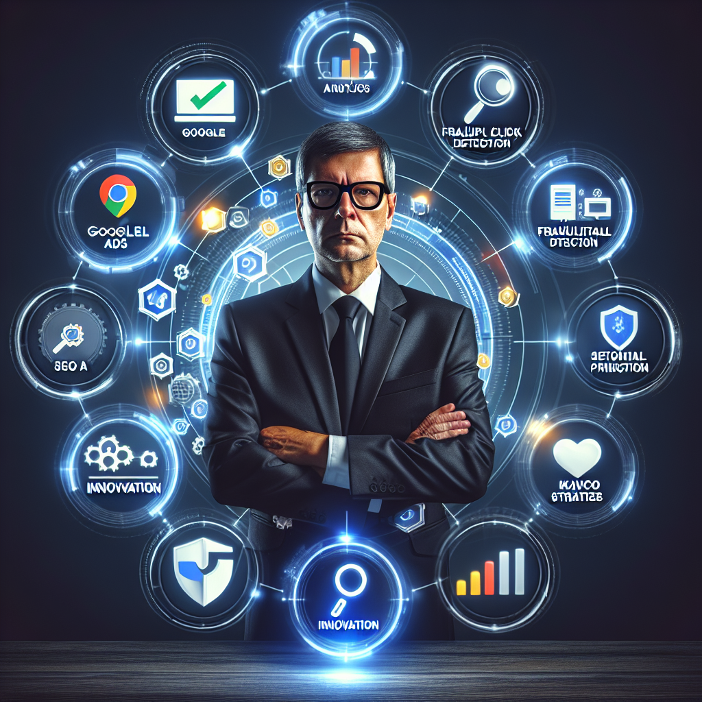 Create a realistic and professional image demonstrating the Turkish digital marketing context. Include symbols of Google Ads, fraudulent click detection, SEO strategies, analytics, innovation, and protection. The image should reflect a business-oriented style with modern digital marketing and technology-related themes without any text overlays or watermarks. Additionally, introduce an unidentified middle-aged man with glasses symbolizing digital marketing expertise. Please ensure the style is clean and the visuals are engaging.