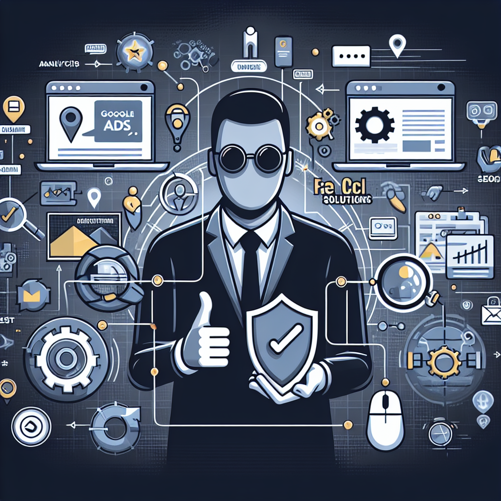 Create a professional, realistic image that relates to a Turkish context, dealing with the theme of fake click dangers and suitable solutions. The image should reflect subjects like Google Ads, fake click prevention, and SEO strategies, encompassing modern digital marketing and technology-related themes. Please avoid text overlays or watermarks. The style should be clean, business-oriented, and engaging visually. Symbolically include a character, an expert in digital marketing, analytics, protection, and innovation who is visually represented but does not resemble any specific person.