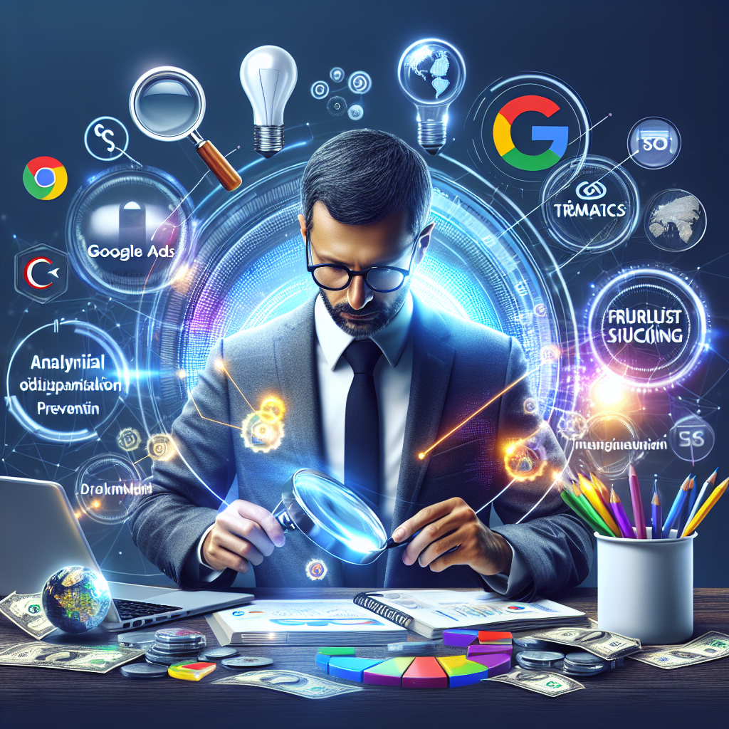 Generate a professional, realistic and search-engine optimized image in a Turkish context. The image should visually represent themes such as Google Ads, fraudulent click prevention and SEO strategies. Incorporate elements related to modern digital marketing and technology but avoid text overlays or watermarks. The style should be business-oriented and clean, with engaging visuals. Symbolically represent the expertise of a digital marketing professional, symbolizing their proficiency in analytics, online security and innovation.